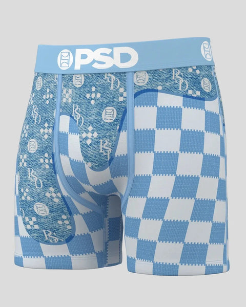 Three pairs of blue and white patterned boxers with PSD waistband featuring checkerboard and decorative designs.