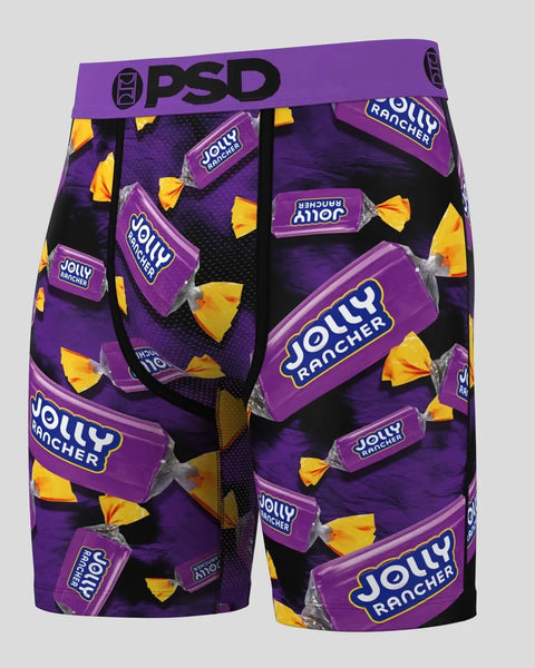 PSD boxer shorts with purple Jolly Rancher candy wrapper pattern and yellow candy pieces on black background.