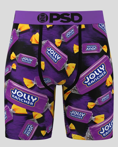 PSD boxer shorts with purple waistband featuring purple Jolly Rancher candy and yellow candy pieces pattern on black backgrou