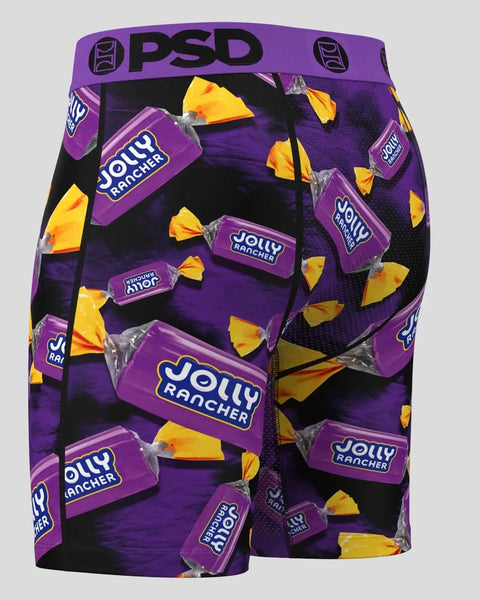 PSD boxer shorts with purple waistband featuring Jolly Rancher candy wrapper print in purple and yellow on black fabric.