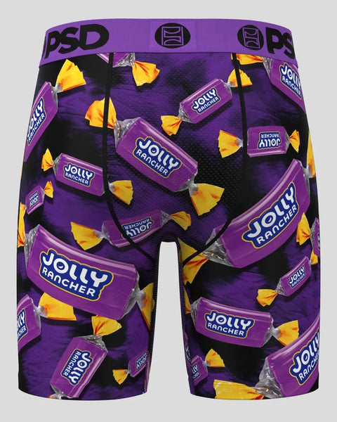 Purple boxer briefs with Jolly Rancher and candy corn pattern, PSD waistband visible.