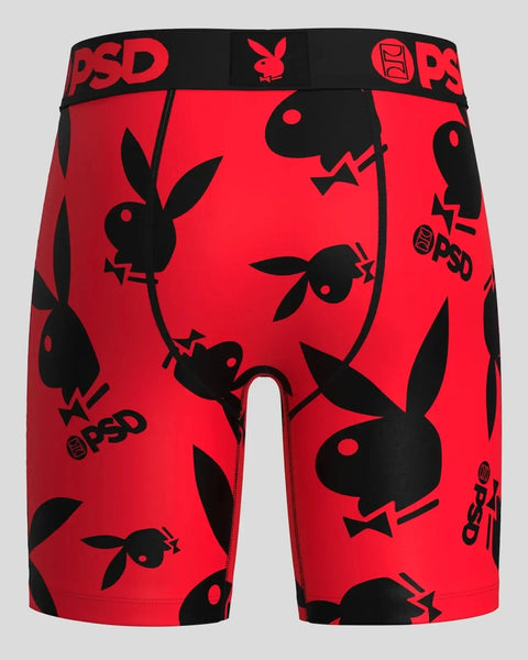 Red boxer briefs with black Playboy bunny logo all-over print and PSD waistband.