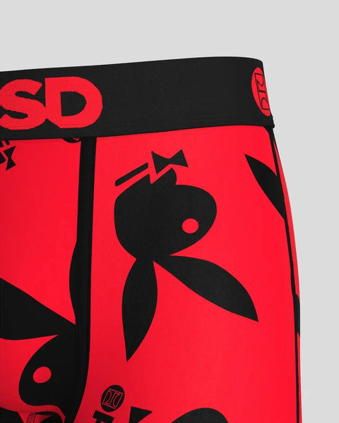 Red and black modal fabric with repeating Playboy bunny logo pattern and text print throughout.