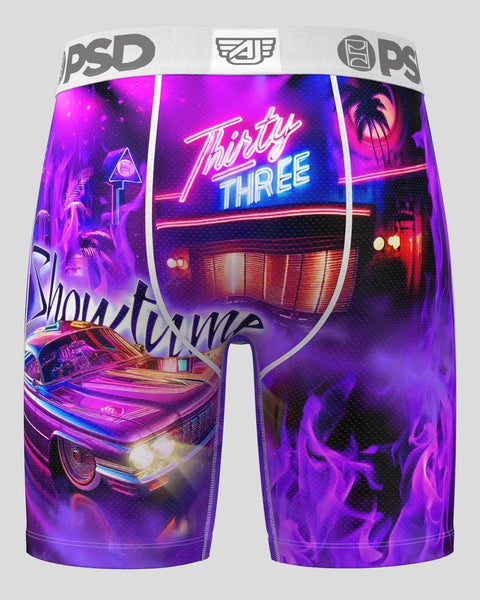 PSD boxer briefs with neon diner and vintage car graphic in purple, pink, and blue tones.