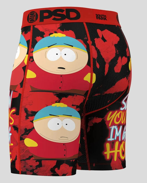 PSD boxer shorts featuring Cartman character in red jacket with blue and yellow winter hat on red and black background.