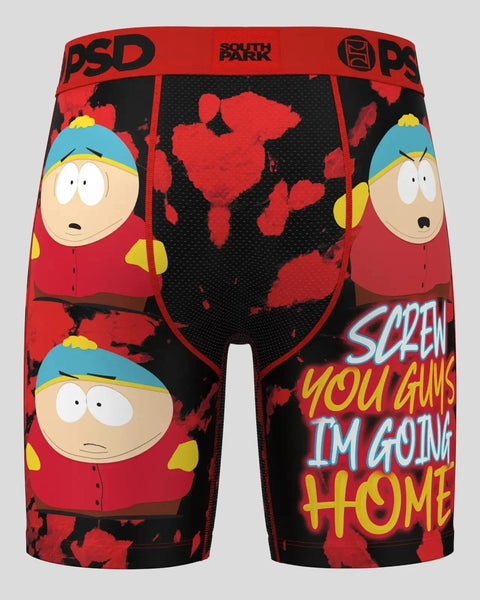 Red and black PSD boxer briefs featuring South Park Cartman character with blue hat and yellow mittens, text reading 