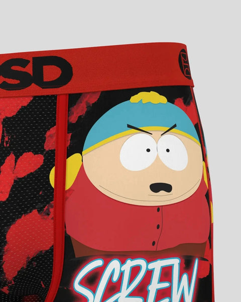 Cartman character face with blue winter hat and red jacket on red fabric with black text and pattern.