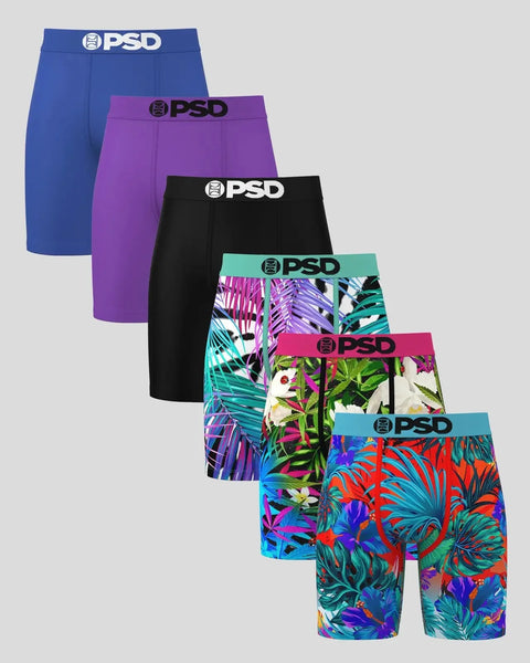 Six PSD branded boxer briefs in blue, purple, black, mint, pink, and multicolor tropical print.