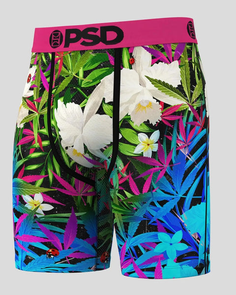 PSD boxer briefs with tropical floral and foliage print in pink, green, blue, and white colors.