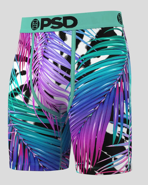 PSD boxer briefs with turquoise waistband and tropical palm leaf pattern in purple, magenta, and teal colors.