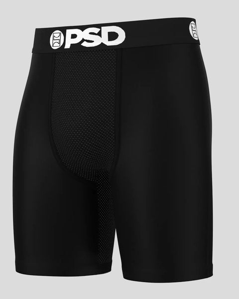 Black PSD boxer shorts with mesh panel and branded waistband.