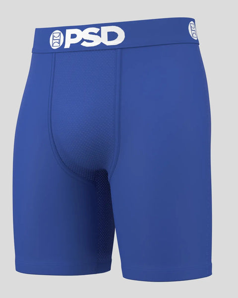 Blue PSD boxer briefs with white waistband logo and textured panel detail.