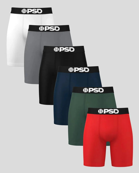 Six PSD boxer briefs in white, gray, black, navy, green, and red with black waistbands.