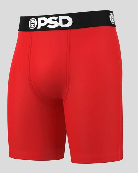 Red boxer brief with black PSD waistband and logo.