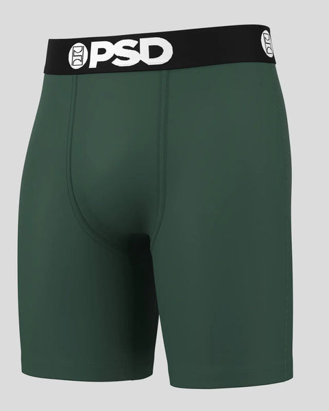 Dark green PSD brand boxer shorts with black waistband and white logo.
