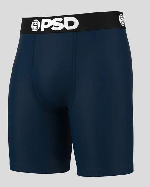 Navy blue boxer briefs with black waistband featuring white PSD logo.