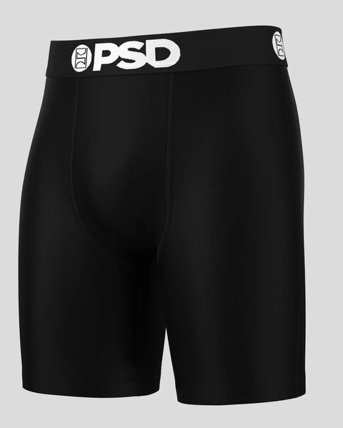 Black PSD boxer shorts with white branded waistband and logo.