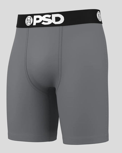 Gray PSD boxer briefs with black waistband and white logo.