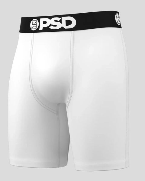 White PSD brand boxer briefs with black waistband and white logo.