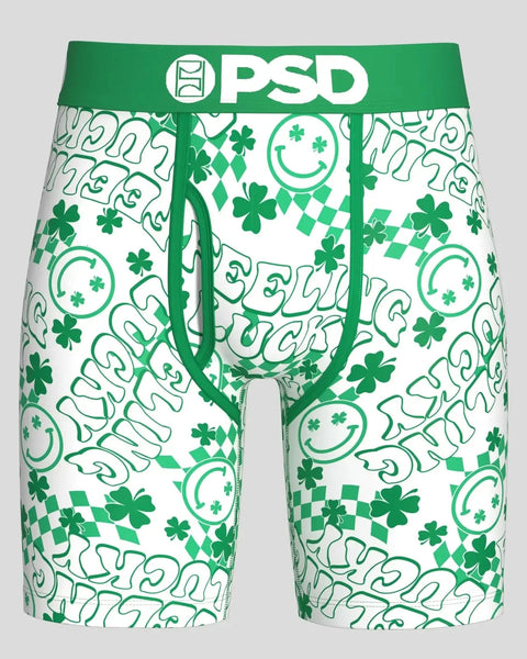 Green and white modal boxer briefs with cloverleaf, smiley face, and diamond pattern print; PSD waistband.