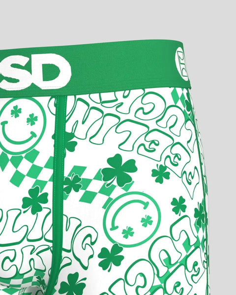 Green and white modal underwear with smiley faces, four-leaf clovers, and diamond pattern print.