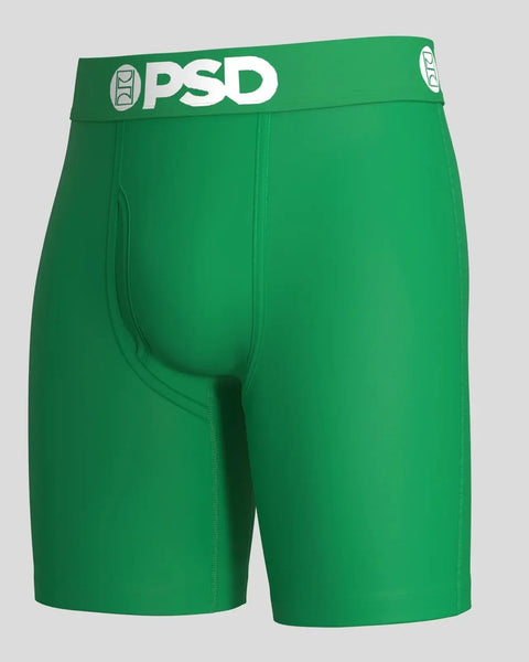 Green boxer briefs with PSD waistband and white logo on front.