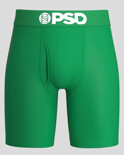 Green PSD Modal Solids boxer briefs with white waistband logo and front pouch seaming.