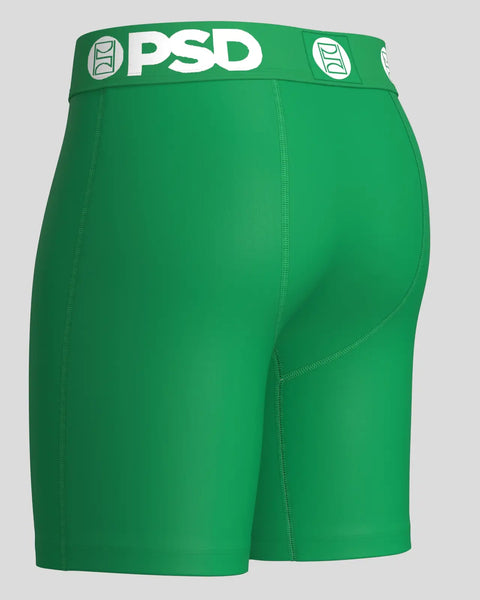 Green PSD Modal Solids boxer briefs with white waistband logo and visible stitching details.