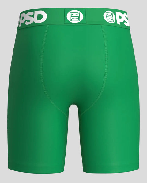 Green modal boxer briefs with white PSD branding on waistband and center front seams.