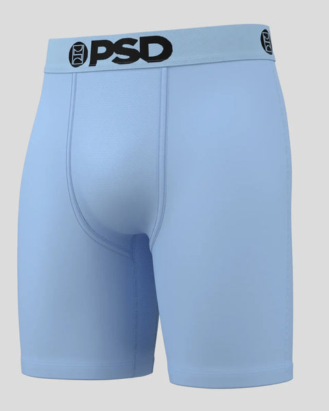 Light blue PSD boxer briefs with black waistband logo and center seam detail.