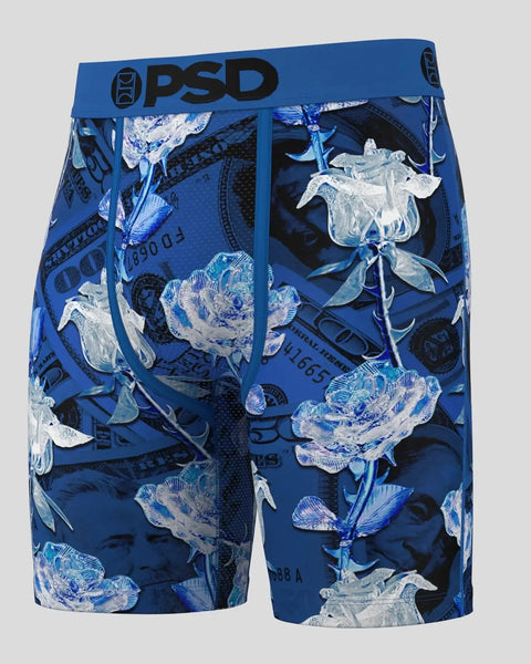 PSD boxer briefs with blue waistband and all-over blue, white, and silver floral print design.