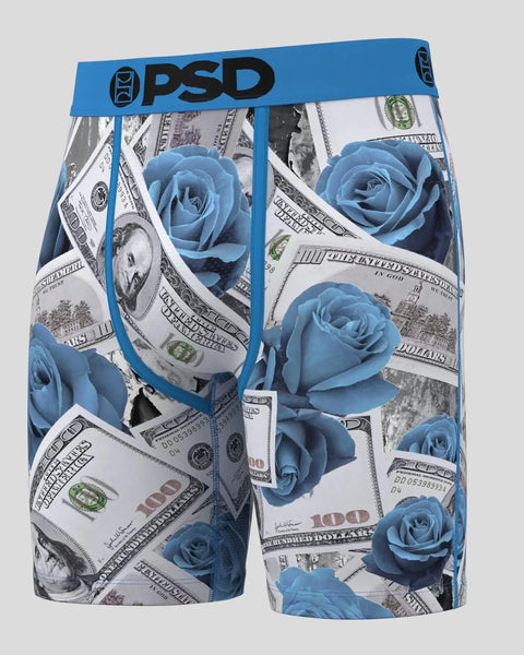 PSD brand boxer briefs with blue rose and dollar bill print pattern and blue waistband.