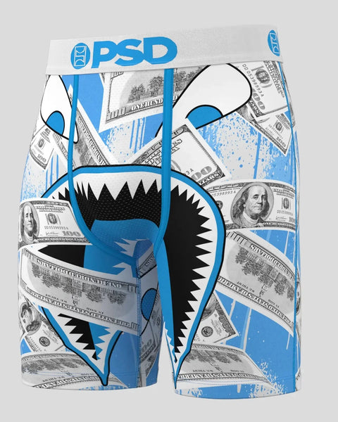 Three blue, white and black PSD boxer briefs with dollar bill and shark mouth graphic print.