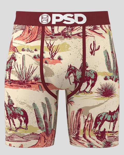 PSD boxer shorts with maroon waistband featuring desert landscape print with cacti, horses, and cowboys in cream, burgundy, a