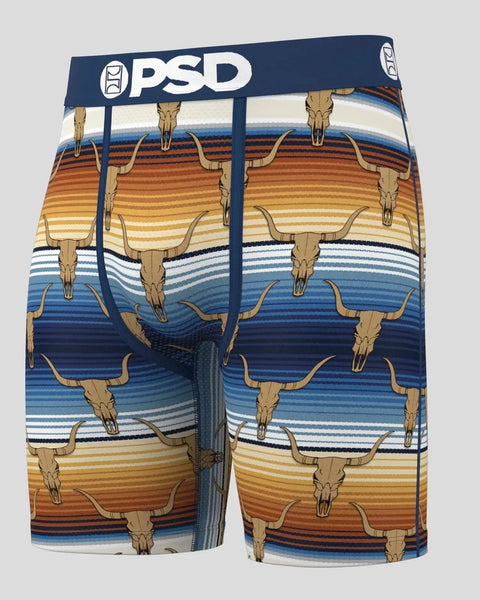 PSD brand boxers with longhorn skull print and horizontal stripes in navy, orange, and blue.