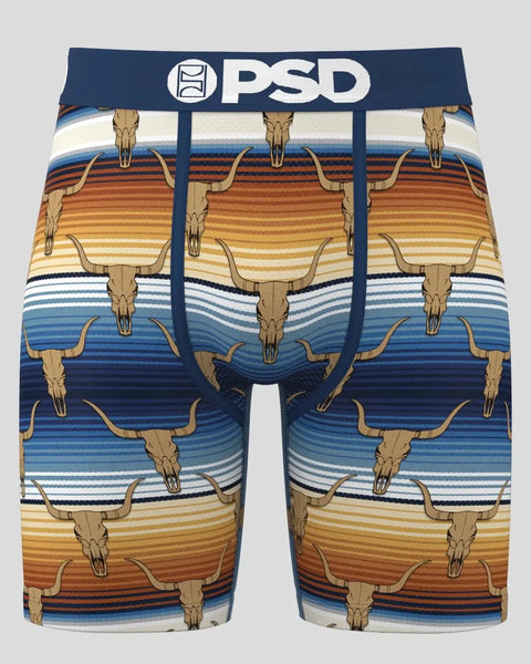 PSD brand boxer briefs with repeating longhorn skull print on striped background in blue, orange, and cream.