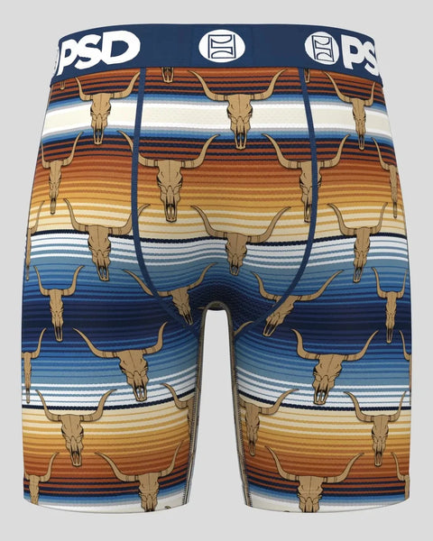 PSD branded underwear with longhorn skull heads and horizontal stripes in orange, blue, and cream colors.