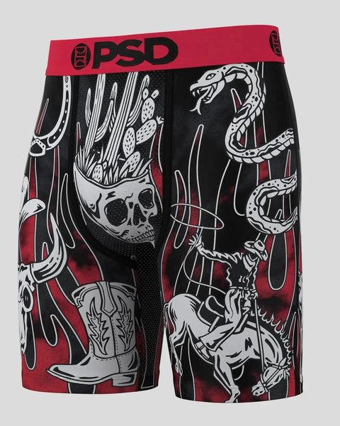PSD boxer briefs with red waistband and black shorts featuring white skull, snake, and cowboy boot graphics.