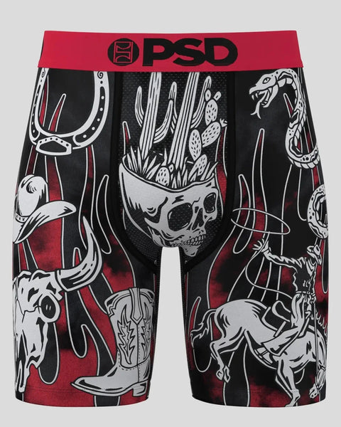 PSD brand boxer briefs with red waistband and black shorts featuring western-themed skull, cactus, and animal skull graphics 