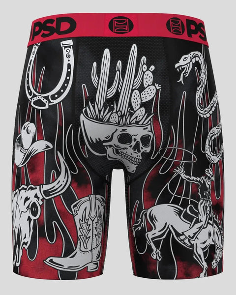 Black and red PSD boxer briefs with western-themed graphics including skull with cactus, horseshoe, snake, and cowboy boot de