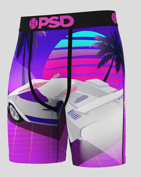 PSD boxer shorts with synthwave-style graphics featuring a retro car, palm trees, and neon purple, pink, and cyan gradient de
