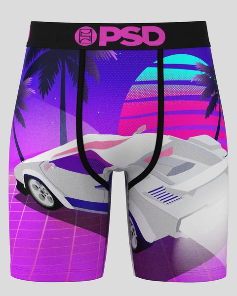 PSD brand underwear with synthwave-style graphic featuring a white sports car, purple sky, palm trees, and neon gradient stri