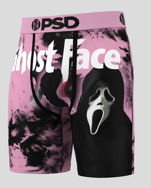 Pink PSD shorts with Ghost Face character graphic and black horror movie imagery on front and sides.