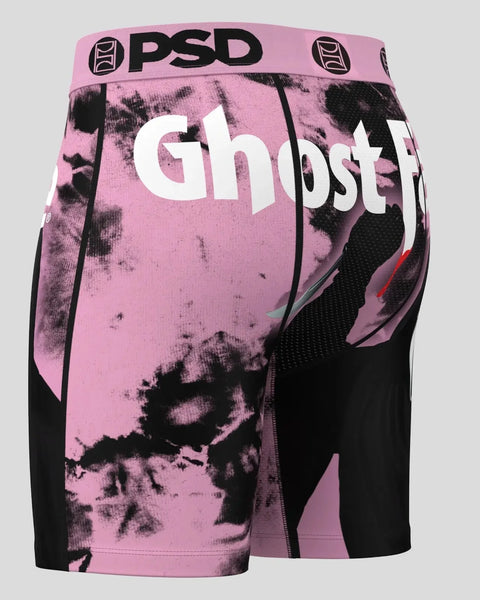 PSD boxer briefs with pink and black ghost face graphic print, white logo text, and pink waistband.