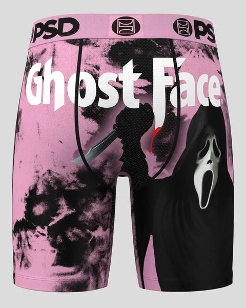 Pink and black shorts with Ghost Face graphic, white text, and PSD waistband.