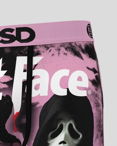 Pink underwear with ghostface mask graphic and black text branding on waistband.