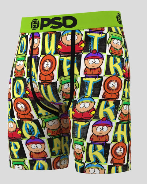 PSD boxer briefs with South Park characters in colorful grid pattern and lime green waistband.