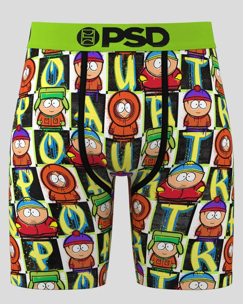 PSD boxer briefs with lime green waistband and South Park character pattern in red, green, orange, and yellow.