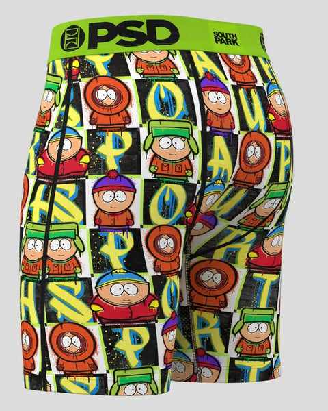 PSD men's boxer brief with South Park characters and logos in multicolored patchwork pattern.