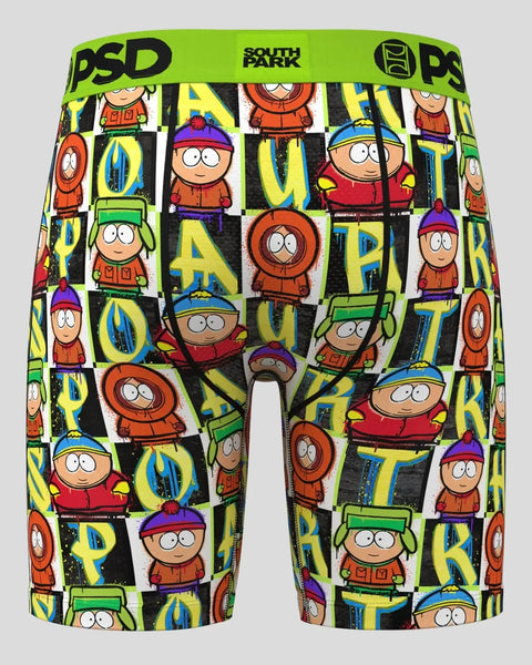 PSD South Park boxer briefs with repeating character pattern and yellow and black checkerboard design.
